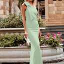 PRETTYGARDEN Women's Summer One Shoulder Long Formal Dresses Sleeveless Ruched Bodycon Wedding Guest Slit Maxi Dress (Green, S)