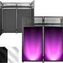 DJ Facade Booth Table 41" x 43"x 20"-Portable with Black&White Lighting Scrims Flat DJ Booth Panel-Black Metal Frame with 2 Extra Wheels for Show, Party (Black)