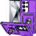 for Samsung Galaxy S25 Ultra Case with Camera Lens Cover HD Screen Protector, Military-Grade Drop Tested Magnetic Ring Holder Kickstand Protective Phone Case for Samsung Galaxy S25 Ultra (Purple)