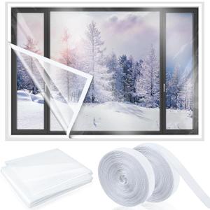 87 Inch X 30 ft Window Insulation Kit Cuttable Transparent Film with Adhesive Straps Reusable Window Plastic for Winterizing Thicken Thermal Waterproof Attic Insulation Cover Warm Winter