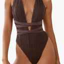 ZAFUL Women's One Piece Swimsuit Deep V Neck Ribbed Self Tie Sexy High Cut Bathing Suit Crisscross Back Swimwear Peacock Brown L