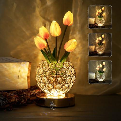 Tulip Crystal Flower Lamp Touch Lamp, Rechargeable Cordless Table Lamp, 3-Colour Infinitely Dimming Battery Powered Small Night Light, Gift for Mom for Valentine Day, Mothers Day, Xmas, Birthday (Pink)