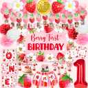 RainMeadow Premium Berry First Birthday Decorations Set - Strawberry 1st Birthday Decorations Girl with Banner, Balloons, High Chair Tutu, Cake Toppers, Milestone Garland & More for Baby Girls