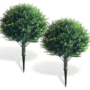 Yunlly 2 Pcs 18 Inch Artificial Boxwood Ball Topiary Tree Fake Outdoor Plants Bush, UV Resistance Faux Shrub with Spike Realistic Greenery Potted for Indoor Garden Yard Porch Patio Decor (Dark Green)