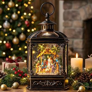 Christmas Snow Globe Lantern Lighted Adoration of The Magi Nativity Manger Scene, Musical Water Lantern Play Silent Night Music in Swirling Glitter, Holiday Decorations Gift