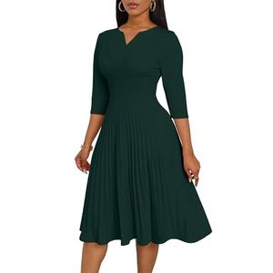 CLOCOR Midi Dresses for Women Casual Fit and Flare A-Line Pleated Swing Dress 3/4 Sleeve V Neck Church Cocktail Dress Dark Green 2XL