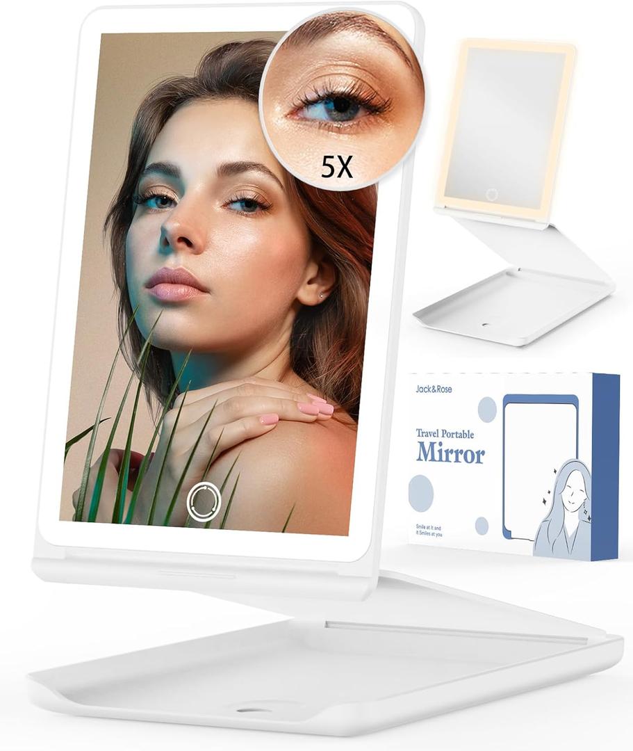 Jack & Rose Travel Mirror with Light, Travel Makeup Mirror with Magnification, Adjustable Height and Angle, Portable Folding Mirror