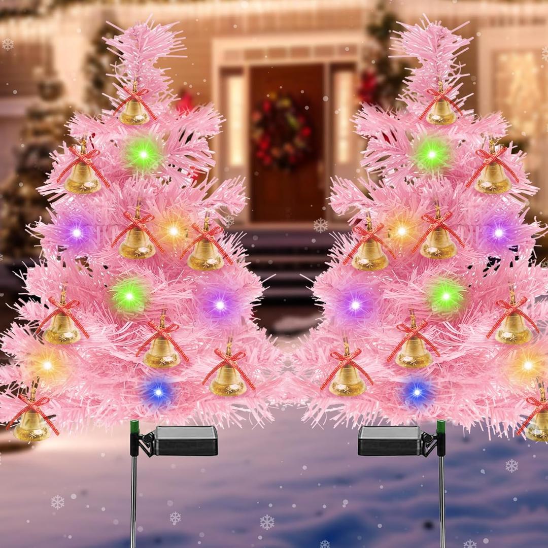 Dooyard Solar Pink Christmas Tree Lights for Outdoor Decor, Solar-Powered Garden Pathway Lights, Christmas Yard Decorations for Lawn & Front Door (2 Pack)