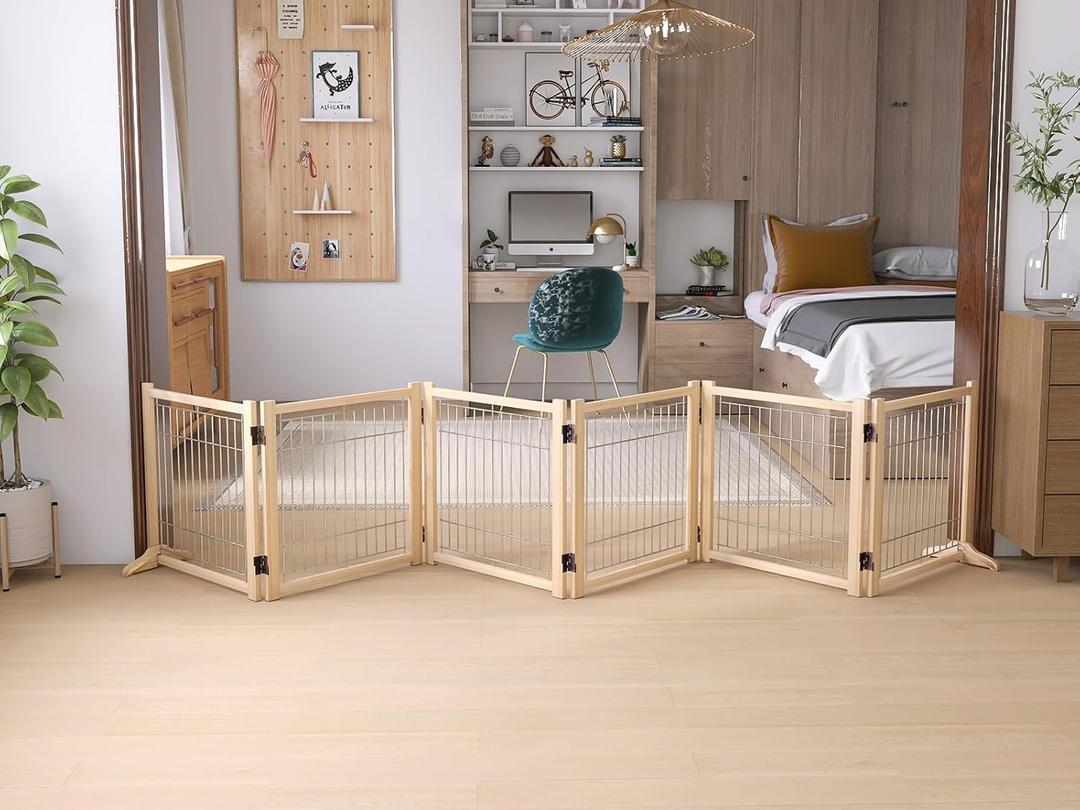 Wooden Freestanding Dog Gates Indoor,Pet Gate for Doorways, Stairs,Wood Dog Fences for The House,Step Over Fence (Wood, 6 Panel 23)