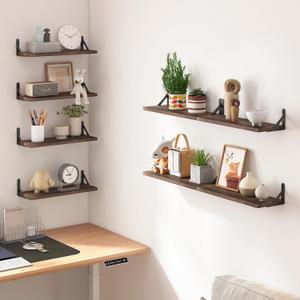 Fixwal Floating Shelves, Width 4.7in Rustic Wood Wall Shelves Set of 2, Wall Storage Shelves for Bedroom, Living Room, Kitchen, Bathroom, Office and Plants (Dark Carbonized Black)