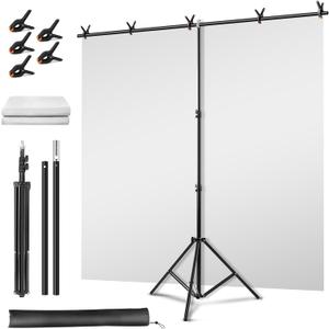 Green Screen Backdrop Kit, Portable Greenscreen Background with T-Shaped Stand, 5 Clamps & Carrying Bag for Photography, Streaming, Zoom, Gaming, (White, 6.5 Feet X 5.0 Feet)
