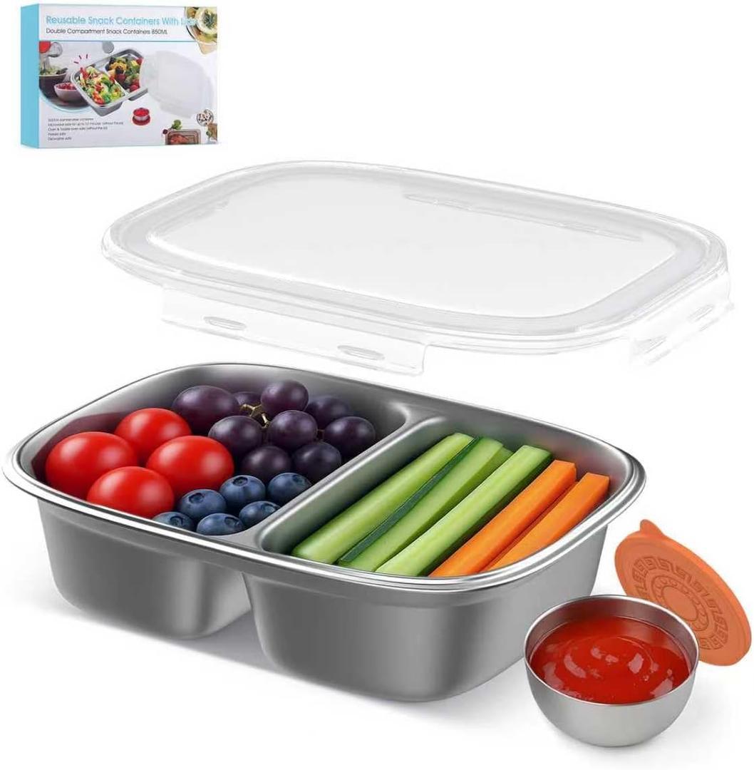 2 x Snackle Box Container,Dishwasher,Reusable Snack Containers With Lids,2 Compartment Stainless Steel Snack Containers,Fruits, Snacks,Nuts,Salad,travel,850ML,White,1Pack