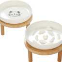 Raised Slow Feeder Cat Bowl, 5.9 Inch Wide Shallow Ceramic Elevated Glass Food Bowl Puzzle Feeders, Anti Vomit Cat Dish, Whisker Friendly Pet Plates Feeding Station for Indoor Cats, Kitten(2 Set) (White)