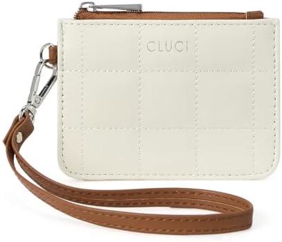 CLUCI Small Quilted Coin Purse Leather RFID Blocking Card Holder Slim Wristlet Wallets for Women Zipper Pocket Beige with Brown