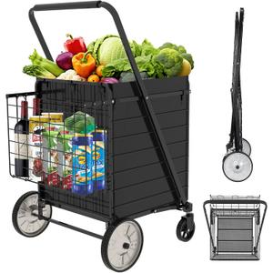 JIALIJIU Heavy Duty Folding Shopping Cart for Groceries, Huge Grocery Carts with 360 Swivel Wheels, Metal Rear Wheels, Waterproof Bag, Portable Utility Trolley for Daily, Laundry, Super Huge-36 Gal