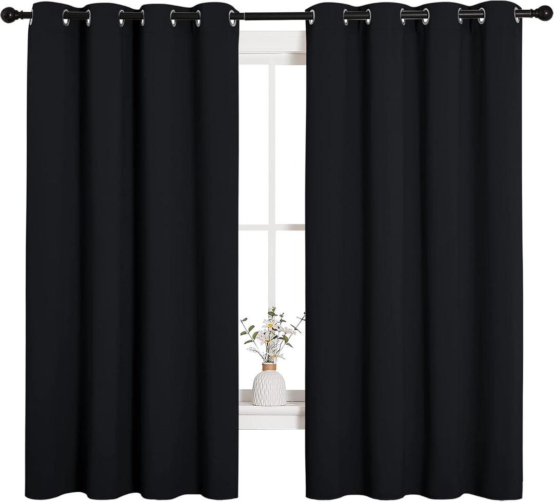 NICETOWN Bathroom Blackout Curtains and Drapes, Black Solid Thermal Insulated Grommet Blackout Drapery Panels for Window (2 Panels, 55 inches Wide by 68 inches Long, Black)