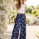 JINKESI Women Wide Leg Pants High Waist Loose Flowy Adjustable Tie Knot Trousers Business Casual Pants with Pockets (Small, 22-blue Small Flower)