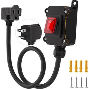 Inline Power Switch with 1.5-ft 14AWG Cable Piggyback Plug(3-Pronged),Red LED Rocker Button,IP67 Waterproof Extension Cord with On/Off Switch, AC/DC 20A-125V / 16A-250V1.5FT/14AWG