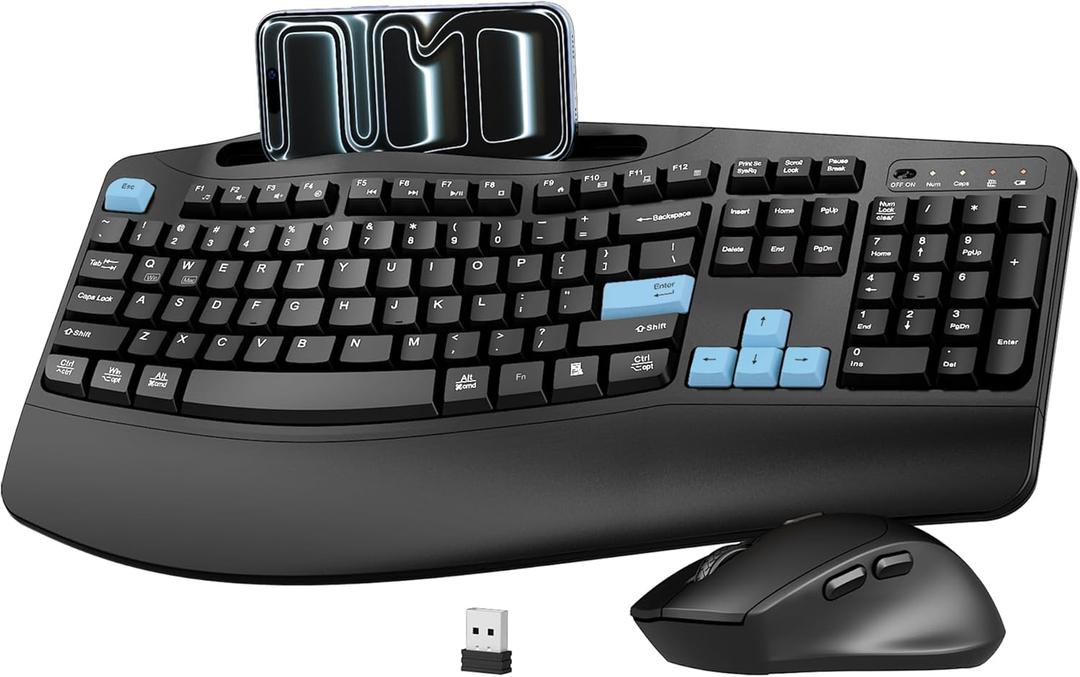 Wireless Keyboard and Mouse Combo, 2.4G Full Size Wave Keys Ergonomic Keyboard with Wrist Rest, Phone Holder, 3-Level DPI Wireless Silent Mouse with 6-Buttons, for Windows, Mac OS, Laptop (Blue Black)
