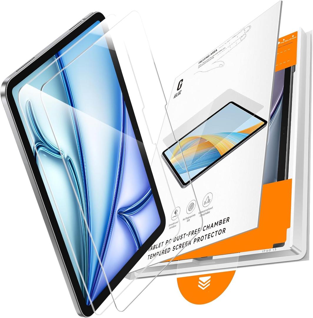 iGluz 2 Pack Screen Protector for iPad Air 13"(7th/6th Gen.) M3/M2 2025/2024 9H+ Tempered Glass Screen Protector with Easy-Install Box[12FT Military Grade Shatterproof] HD Clarity,Scratch Resistant