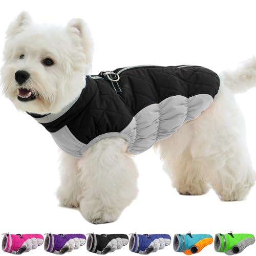 OUOBOB Small Dog Coat,Dog Jackets for Small Dogs,Warm Winter Jacket, Puppy Coat with Harness Built in,Waterproof Dogs Jacket,Puppy Cold Weather Coats,Winter Clothes Snowsuit Shih Tzu Bichon,Black, S