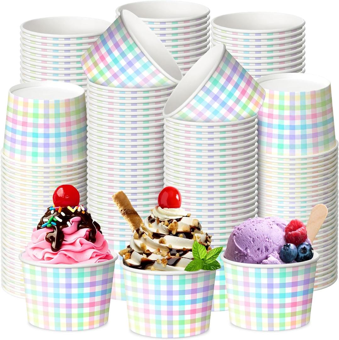 Zhehao 60 Pack 9 oz Pastel Ice Cream Cups Disposable Dessert Bowls Rainbow Plaid Paper Cups for Birthday Party, Baby Shower, Summer Party, Snacks, Sundae, Candy