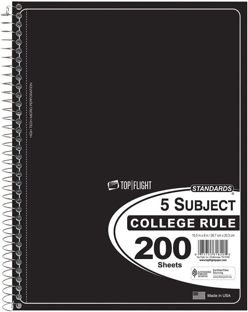 Top Flight Standards 5-Subject Wirebound Notebook, 200 Sheets, 3-Hole Punched, College Rule, 10.5 x 8 Inches, 1 Notebook, Color May Vary (31820)