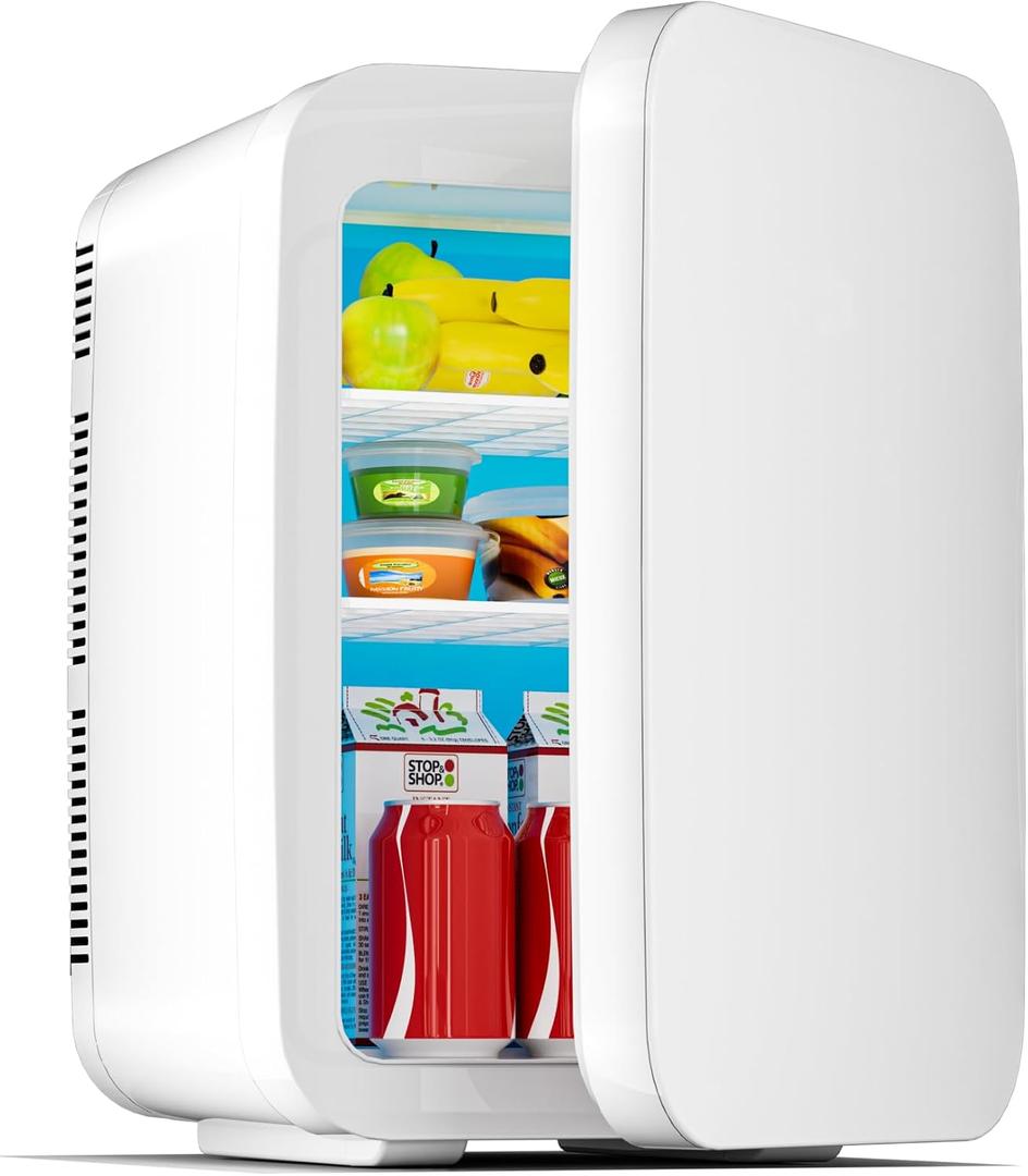 Mini Fridge for Bedroom - 10 Liter/15 Can Portable Refrigerator for Dorm, Office, Car - Quiet Cooler & Warmer for Food, Drinks, Makeup & Skincare - AC/DC Power Supply