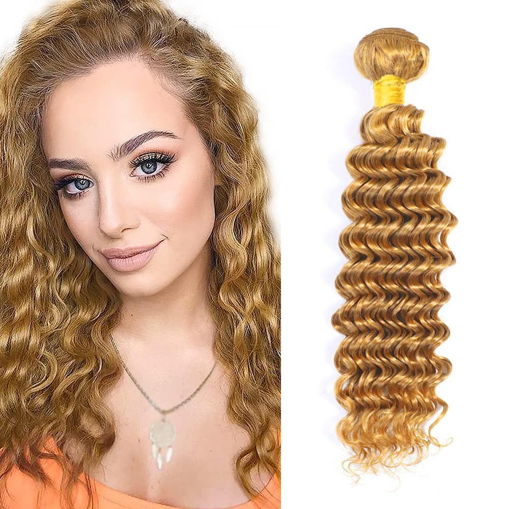 Deep Wave Bundles Human Hair 14 Inch Color #27 Honey Blonde Single Bundle Brazilian Virgin Human Hair Bundles Deep Wave 100g Per 1 Bundle Remy Hair Extensions For Black Woman