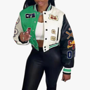 Glitrandi Varsity Jacket Women with Patches Print Cropped Bomber Leather Jacket Women 2025 M