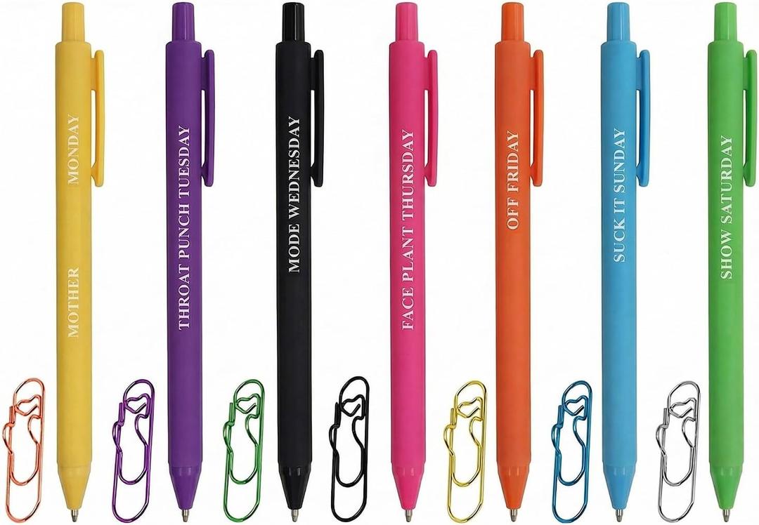 3 x Funny Pen for Adults, 7pcs Week Words Funny Novelty Pens and 7pcs Metal Pen Holder Clips Office Gifts for Corworkers