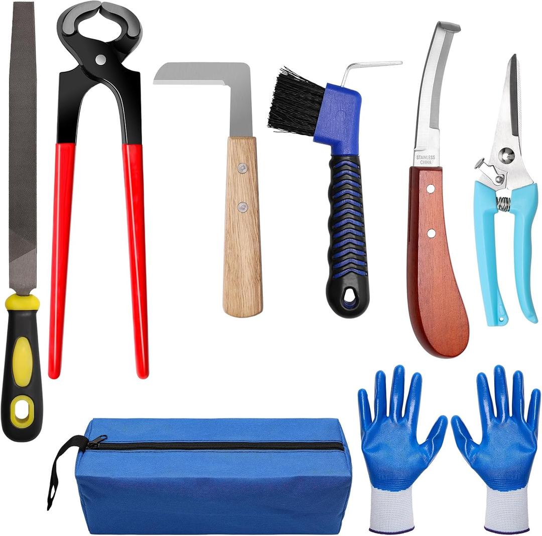 10 Inch 8 Pcs Farrier Tools, Horse Goat Hoof Trimmers for Goats and Sheep with Carbon Steel Nipper, Shears Nail Clipper, Rasp File, Hoof Trimming Cutter Knives, Horseshoe Brush, Storage Bag