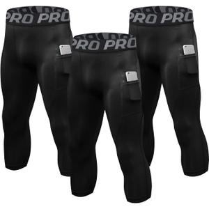 LANDUNSI 3 Pack Mens 3/4 Compression Pants Basketball Running Tights with Pockets Athletic Leggings for Sports Baselayer (Medium, 3 Pack:black*3)