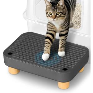 Litter Box Step, Litter Box Ramp/Catcher with Wooden Base, Anti-Tracking & Easy to Clean, Ideal for Small & Elderly Cats (Black)