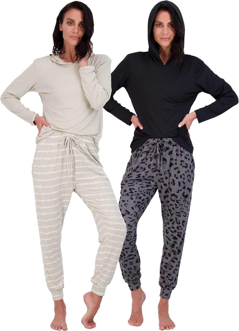 Real Essentials 2 Pack: Women's Soft Long Sleeve Sleep Set - Comfortable Lounge Pull Over Hoodie and Henley Jogger (Large)