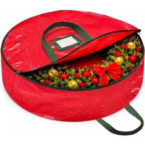 ZOBER Christmas Wreath Storage Container 24 Inch - Wreath Bag for Artificial Wreaths Box - Dual Zippered Wreaths Storage Bag with Strong Durable Handles - Red