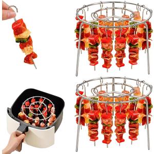 2PCS Air Fryer Rack Round with 24 Skewers, 6 Inch Air Fryer Skewer Stand, Stainless Steel Hanging Oven Skewers Rack Accessories, Multifunctional Grill for Cooking Kebabs