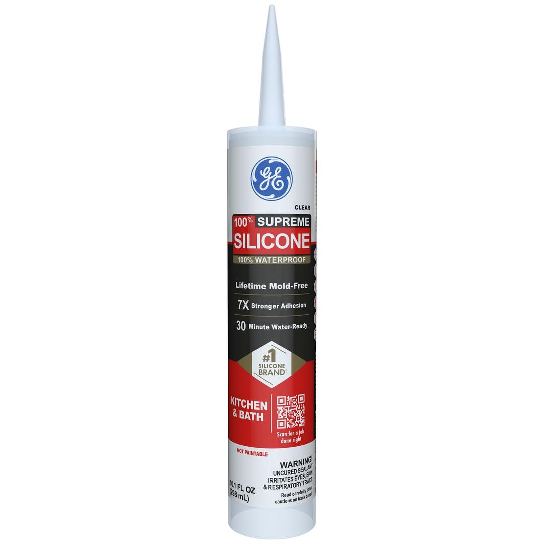 GE Supreme Silicone Caulk for Kitchen & Bathroom, Clear, 10 fl oz Cartridge, 1 Pack - 100% Waterproof Silicone Sealant, 7X Stronger Adhesion, Shrink & Crack Proof