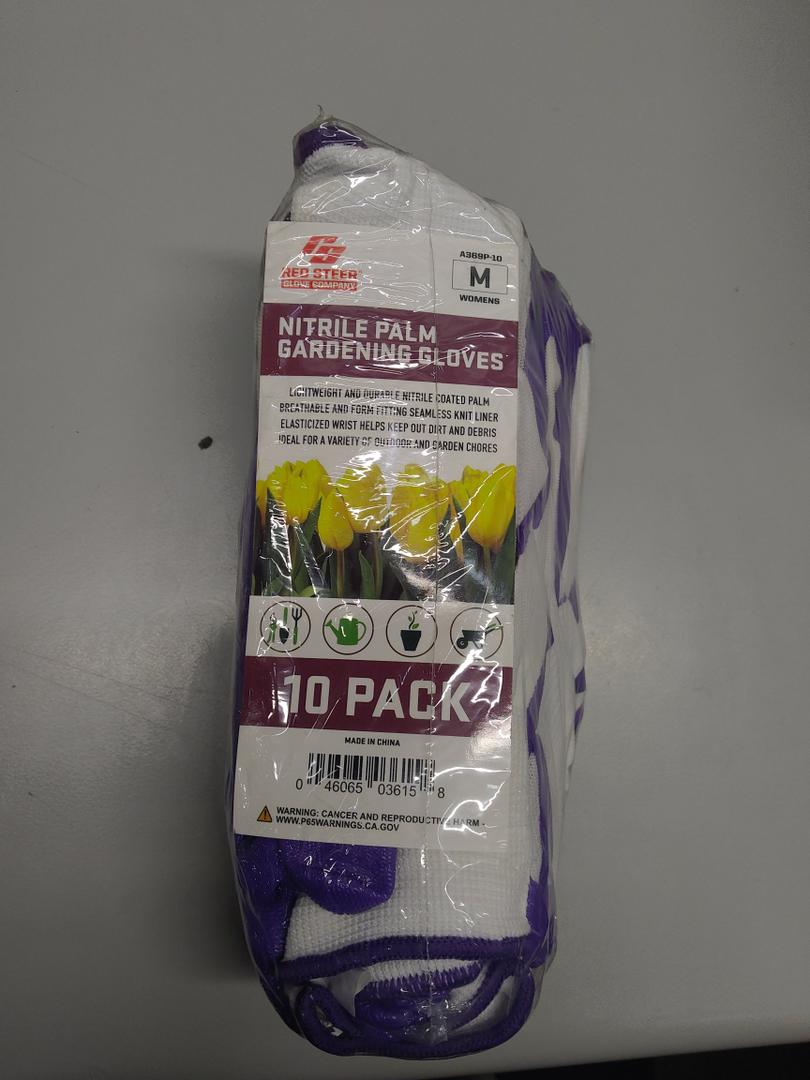 RED STEER GLOVE COMPANY, NITRILE PALM GARDENING GLOVES,PACK OF 10, (White& Purple)