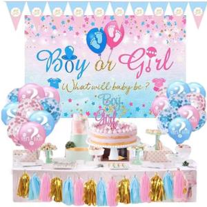 Baby Gender Reveal Decorations, Large Vinyl Backdrop Banner, Blue Pink and Confetti Balloons, Tassels Banner, Triangle Flag Banner and Cake Topper
