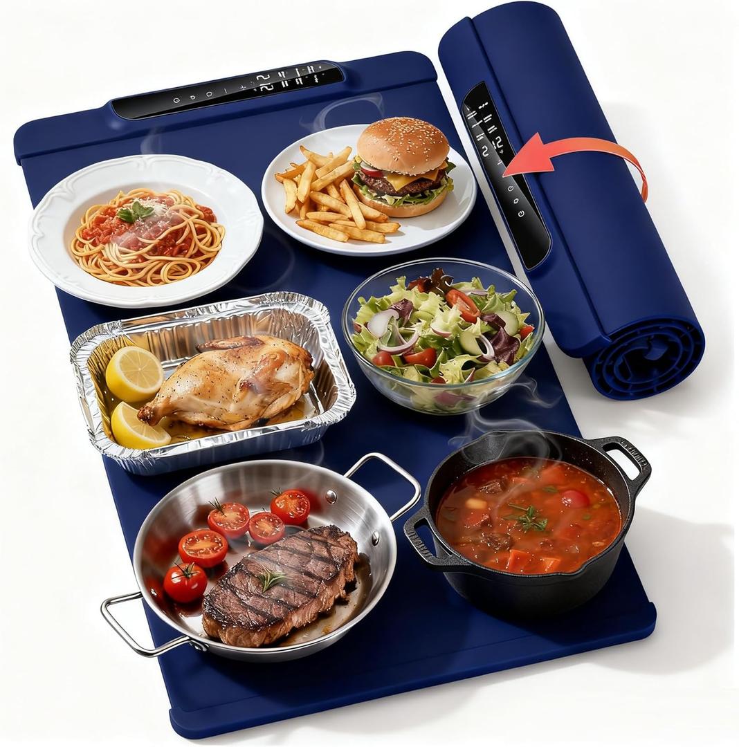 Food Warming Mat, 10s Fast Heating with 5 Modes & 10 Temp Settings, 0.5-10H Timer, Foldable & Easy-Clean Food Grade Silicone Mat for Desk, Table, Home Kitchen (Blue, 26 * 15 Inch)