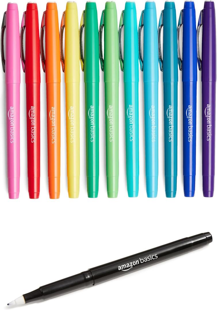 Amazon Basics Felt Tip Marker Pens, Assorted Colors, for Art Projects, Writing, Drawing, and Journaling, 12-Pack