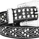 Women Rhinestone Belt, Bling y2k Western Cowgirl Men Cowboy Faux Leather Studded Belts for Jeans Pants (Black)
