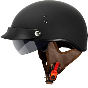 VCAN Cruiser Half Face Motorcycle Helmet with Drop-Down Sun Visor, Removable Peak and Quick Release Buckle (Medium, Flat Black)