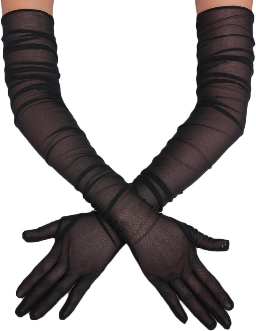 Avidlove Women's Long Sheer Gloves Tulle Mesh Gloves 1920s Wedding Opera Tea Party Dance Glove (Black)