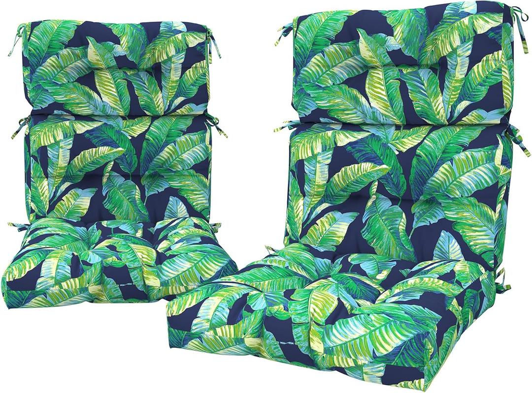 LVTXIII 2 Pack Outdoor High Back Cushions, 22" W x 20" D Tufted Seat and Back Chair Cushion with Ties, Fluffy Patio Replacement Rocking Chair Cushion for Outdoor Furniture Use, Hanalei Lagoon