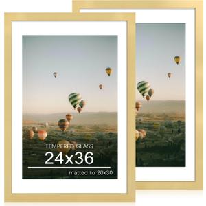 24x36 Poster Frame Set of 2, 24 x 36 Wood Picture Frames with Mat for 20x30, Wooden Photo Frame with Tempered Glass Cover for Wall Mounting Display, Gold, 24x36 - 2 Pack