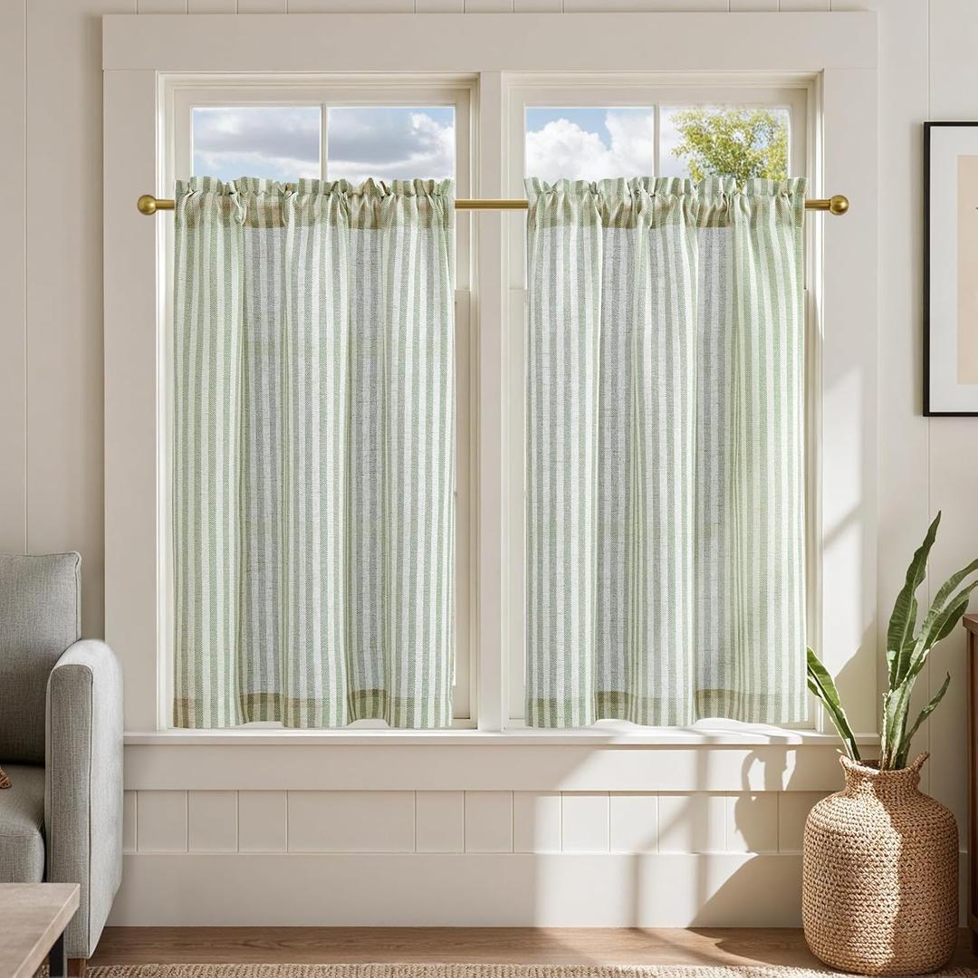 jinchan Linen Kitchen Curtains 36 Inch Length Striped Tier Curtains Ticking Stripe Small Drapes for Living Room Bathroom Cafe Small Window Farmhouse Rustic Pinstripe Rod Pocket 2 Panels Sage Green