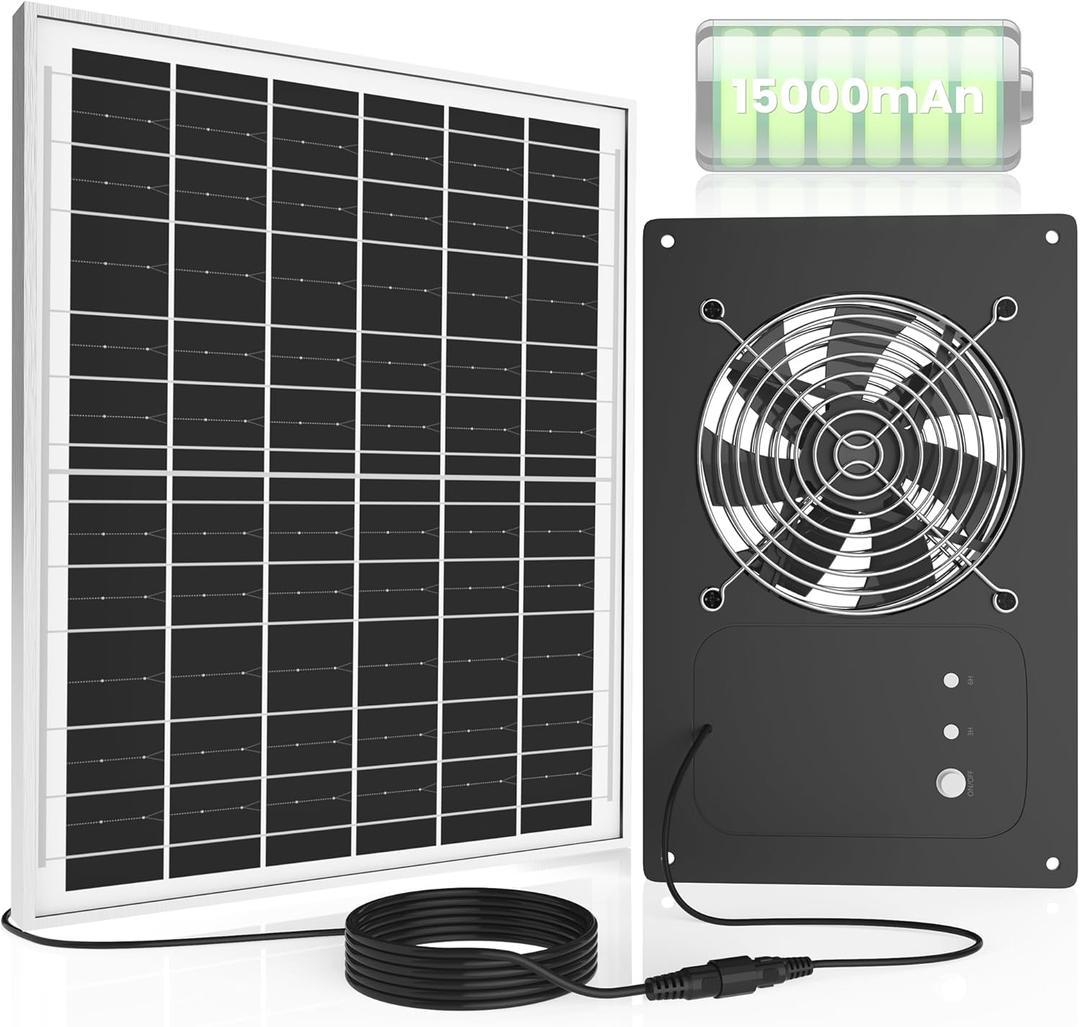 25W Solar Powered Fan with 15000mAh Battery & Timer, Usable At Night | 5" Small Solar Exhaust Fan, Quiet Waterproof High Airflow, for Chicken Coop, Outdoor,Greenhouse,Sheds,Pet Houses