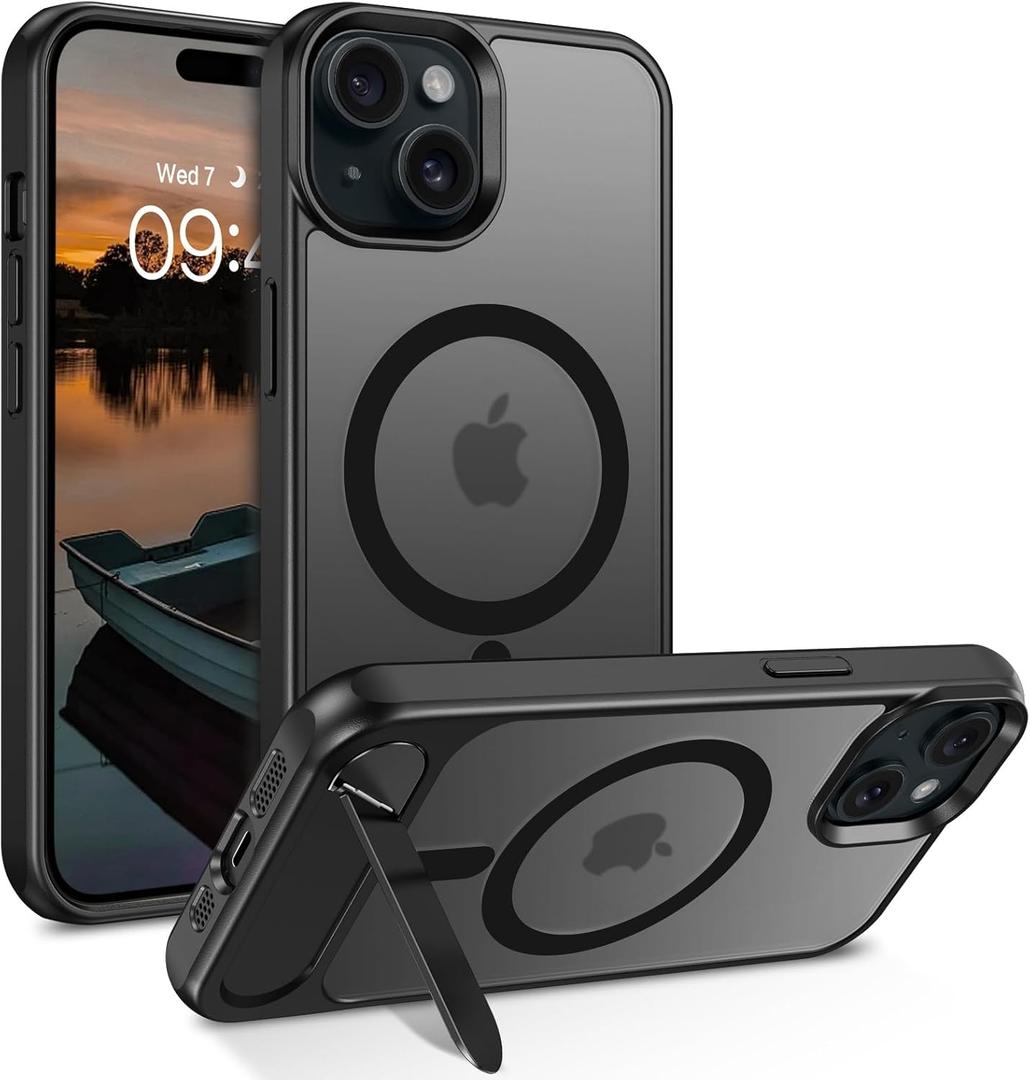 GUAGUA for iPhone 15 Magnetic Case with Adjustable Metal Kickstand, Compatible with MagSafe Slim Translucent Matte Shockproof Protective Phone Case for 6.1 Inch, Black
